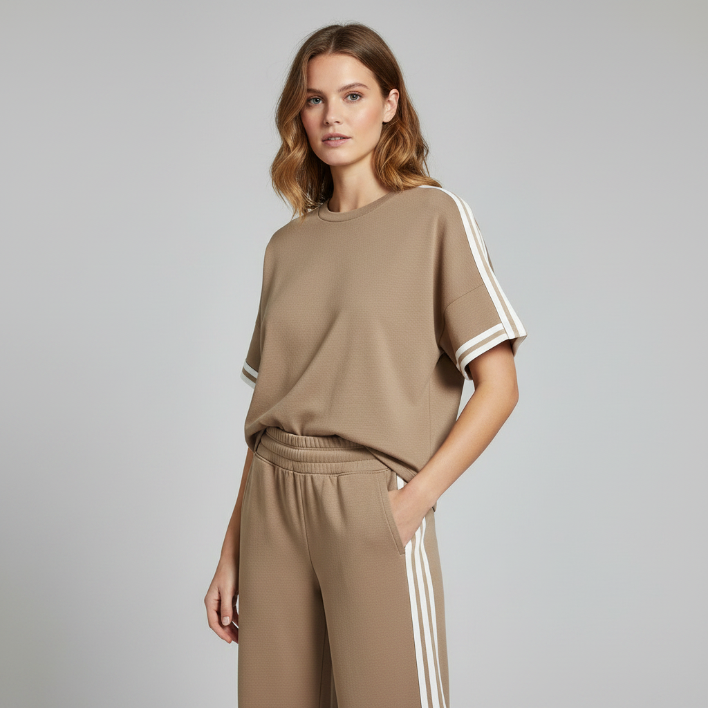 Conjunto Casual Kaki | Camiseta Listrada e Calça