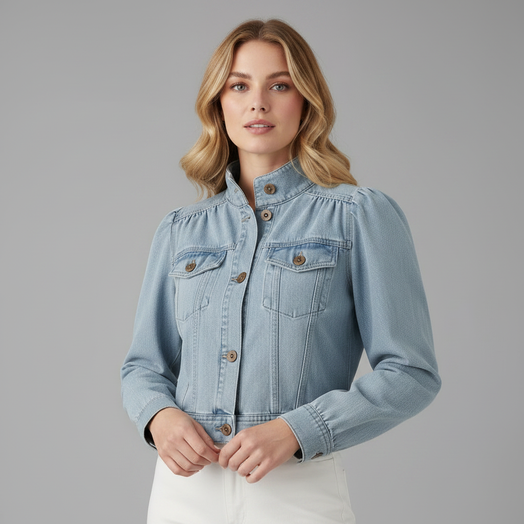 Jaqueta Jeans Azul Retro | Jaqueta de Denim com Gola Alta