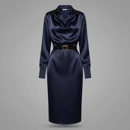 Vestido Midi de Cetim Azul Marinho com Gola Drapeada e Cinto Preto