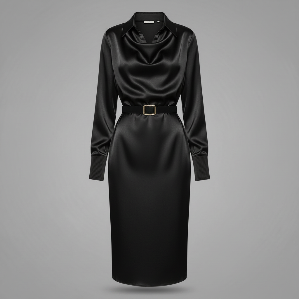 Vestido Midi de Cetim Azul Marinho com Gola Drapeada e Cinto Preto