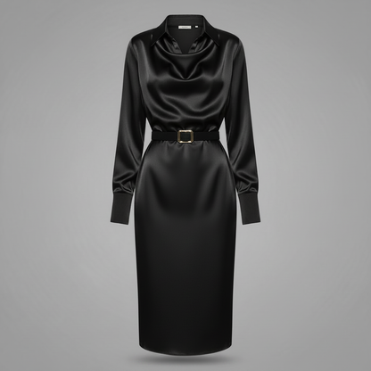 Vestido Midi de Cetim Azul Marinho com Gola Drapeada e Cinto Preto