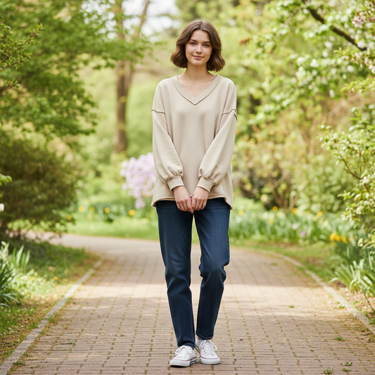 Sweatshirt Oversized Feminino com Decote V | Moletom Casual