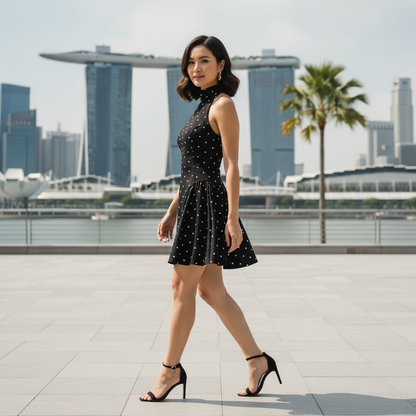 Vestido Mini Halter Estampado Poás Preto e Branco