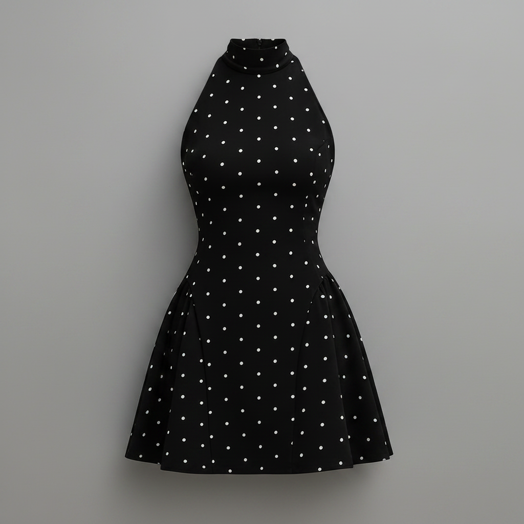 Vestido Mini Halter Estampado Poás Preto e Branco