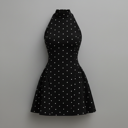 Vestido Mini Halter Estampado Poás Preto e Branco