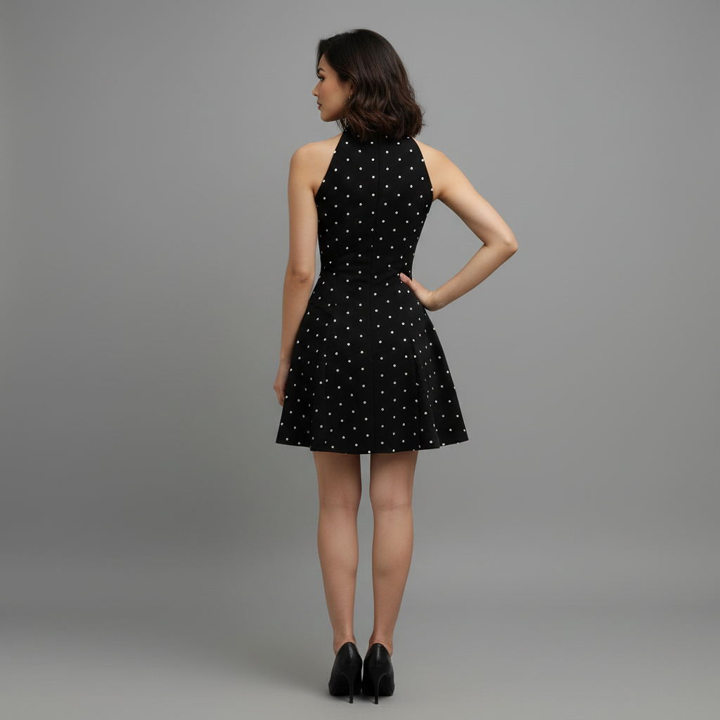 Vestido Mini Halter Estampado Poás Preto e Branco