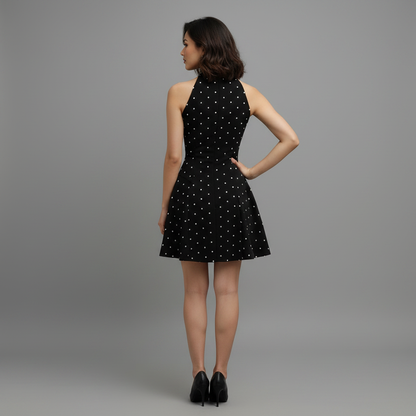 Vestido Mini Halter Estampado Poás Preto e Branco