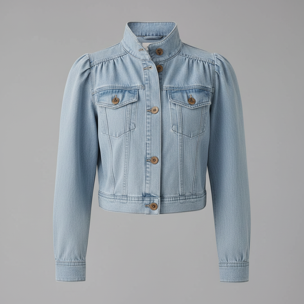 Jaqueta Jeans Azul Retro | Jaqueta de Denim com Gola Alta