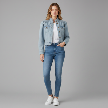 Jaqueta Jeans Azul Retro | Jaqueta de Denim com Gola Alta