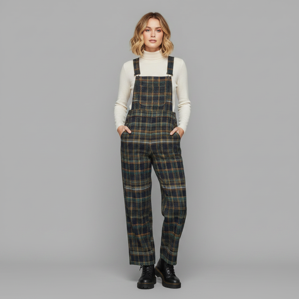 Overall Azul Xadrez | Macacão com Pantalonas e Botões Laterais