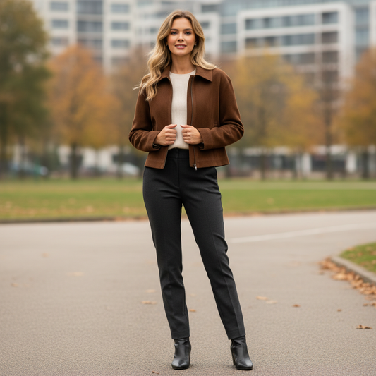 Jaqueta Curta Suede com Zíper e Bolso | Moda Casual Feminina