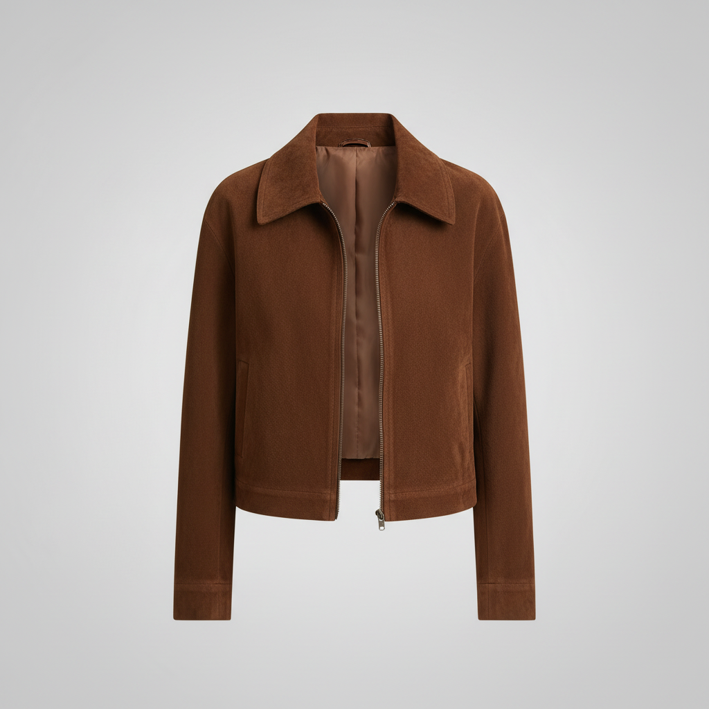 Jaqueta Curta Suede com Zíper e Bolso | Moda Casual Feminina