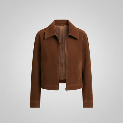 Jaqueta Curta Suede com Zíper e Bolso | Moda Casual Feminina